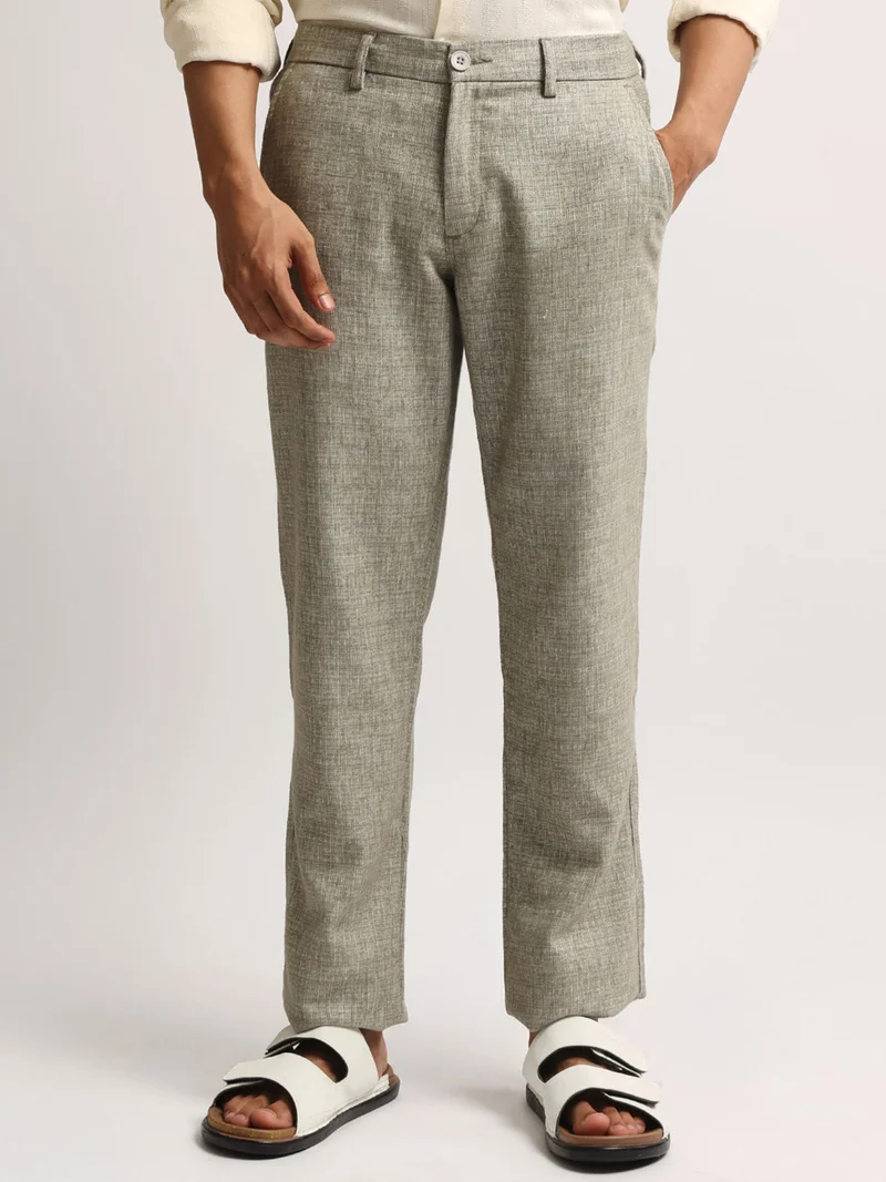 مانياك Maniac Mens Solid Olive Elastic Linen Cotton Blend Trouser